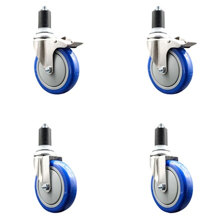 5 Inch 316SS Blue Poly Swivel 1-5/8 Inch Expanding Stem Caster Lock Brake, 2PK